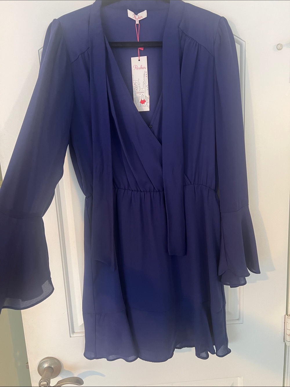 Parker Navy Blue Chiffon V-Neck Tie Front Dress